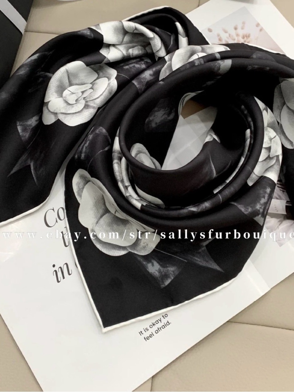 Twill Silk Scarf Camellia Print Black White